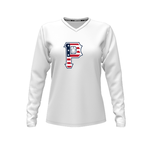 [CUS-DFW-TEES-CMF-VNK-LSL-WHT-FYXS-LOGO1] Decker Comfort T-Shirt (Female Youth XS, White, V Neck, Logo 1, Long Sleeve)