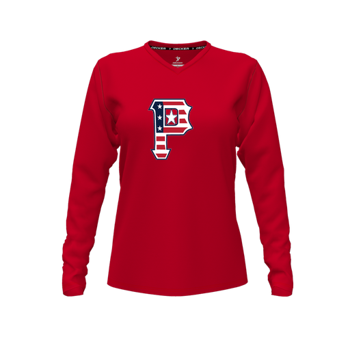 [CUS-DFW-TEES-CMF-VNK-LSL-RED-FYXS-LOGO1] Decker Comfort T-Shirt (Female Youth XS, Red, V Neck, Logo 1, Long Sleeve)