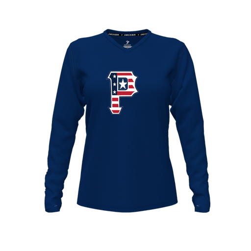 [CUS-DFW-TEES-PER-VNK-LSL-NVY-FYXS-LOGO1] Decker Performance T-Shirt (Female Youth XS, Navy, V Neck, Logo 1, Long Sleeve)